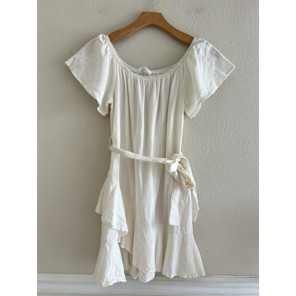 Sage The Label Womens S Ivory Linen Blend Off The Shoulder Ruffle Mini Dress